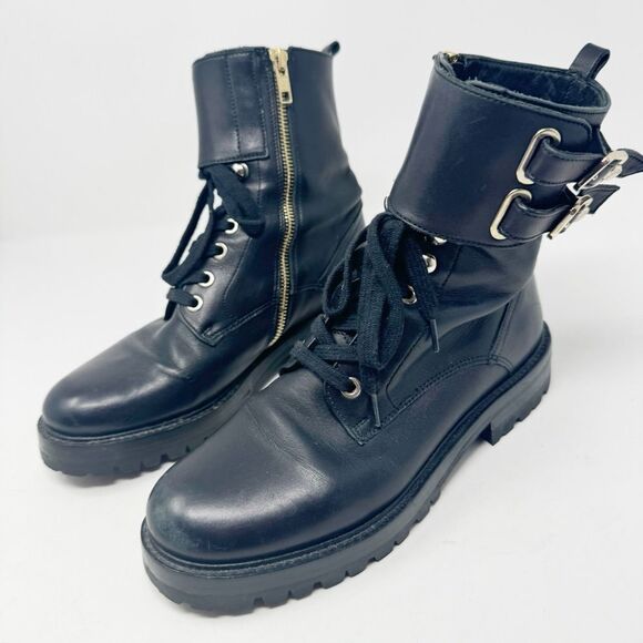 VERSACE COLLECTION | Black & Gold Double Buckle Combat Moto Boots Women’s 37 (7) - Picture 5 of 13